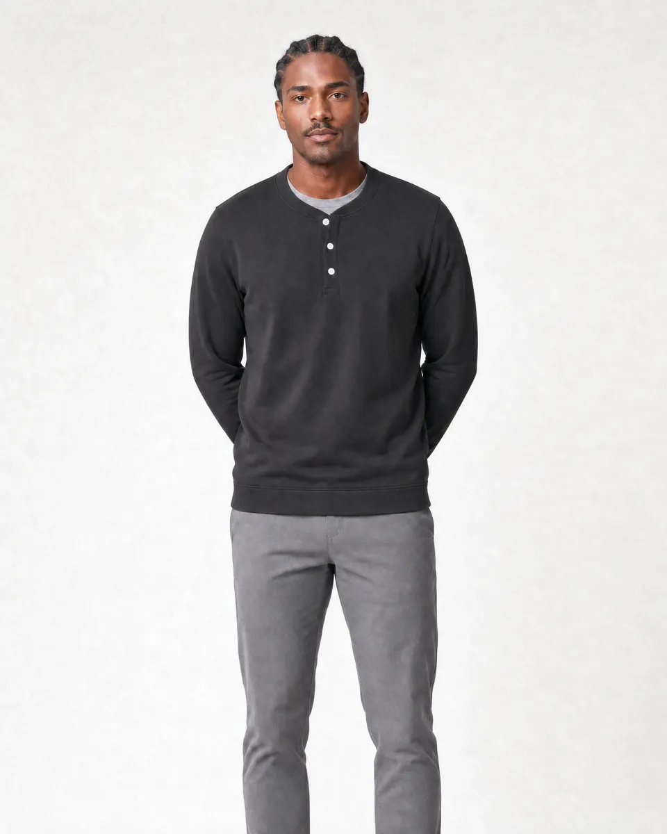 StringKing Men's Pima Terry Henley - Sharp Fit, Black, Full Front - Human Model - Top of head to Knees