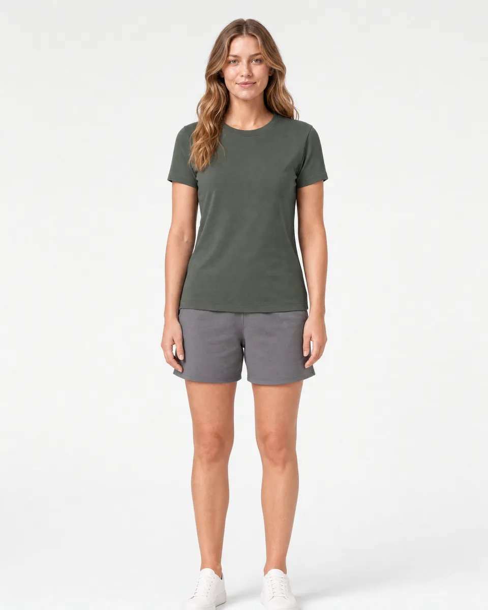 StringKing Women's Pima Terry Tee - Sharp Fit, Moss, Full Front - Human Model - Top of head to Knees