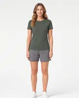 StringKing Women's Pima Terry Tee - Sharp Fit, Moss, Full Front - Human Model - Top of head to Knees