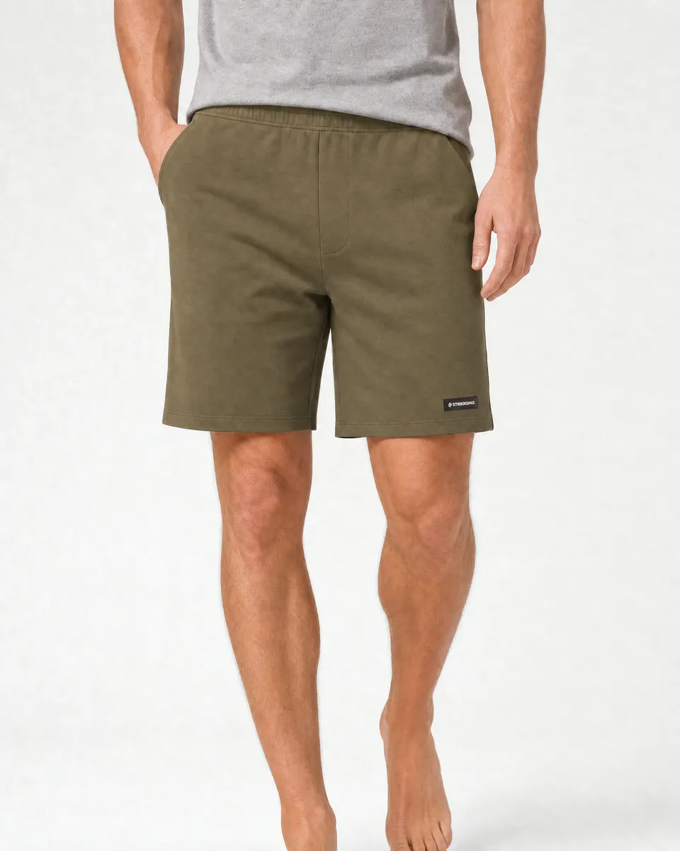 StringKing Men's Pima Terry Shorts - Relaxed Fit, Olive Drab, Full Front - Human Model - Waist to Mid-calf