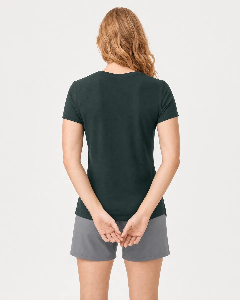 StringKing Women's Pima Terry V-Neck Tee - Sharp Fit, Pine Grove, Full Back - Human Model - Top of head to Mid-thigh