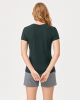 StringKing Women's Pima Terry V-Neck Tee - Sharp Fit, Pine Grove, Full Back - Human Model - Top of head to Mid-thigh