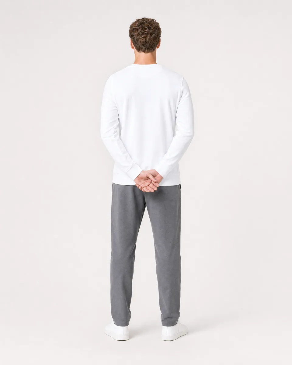 StringKing Men's StayWarm Sweater - Relaxed Fit, White, Full Back - Human Model - Top of head to Mid-thigh