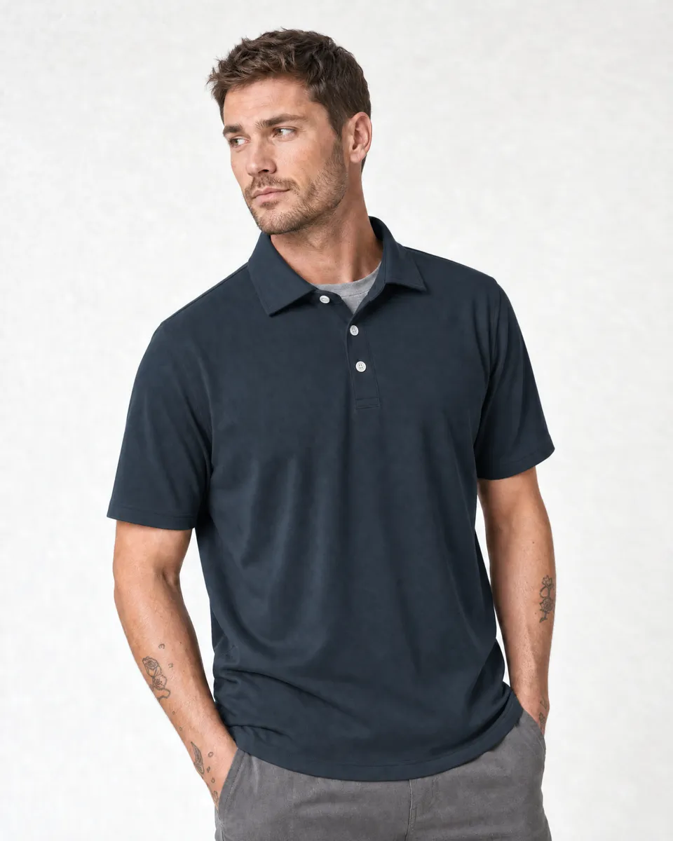 StringKing Men's Pima Jersey Classic Polo - Relaxed Fit, Navy, Collar Shoulder - Human Model
