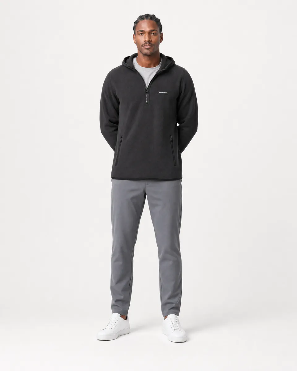 StringKing Men's Polartec Fleece Quarter Zip Hoodie with Pockets - Relaxed Fit, Meteorite, Collar Shoulder - Human Model