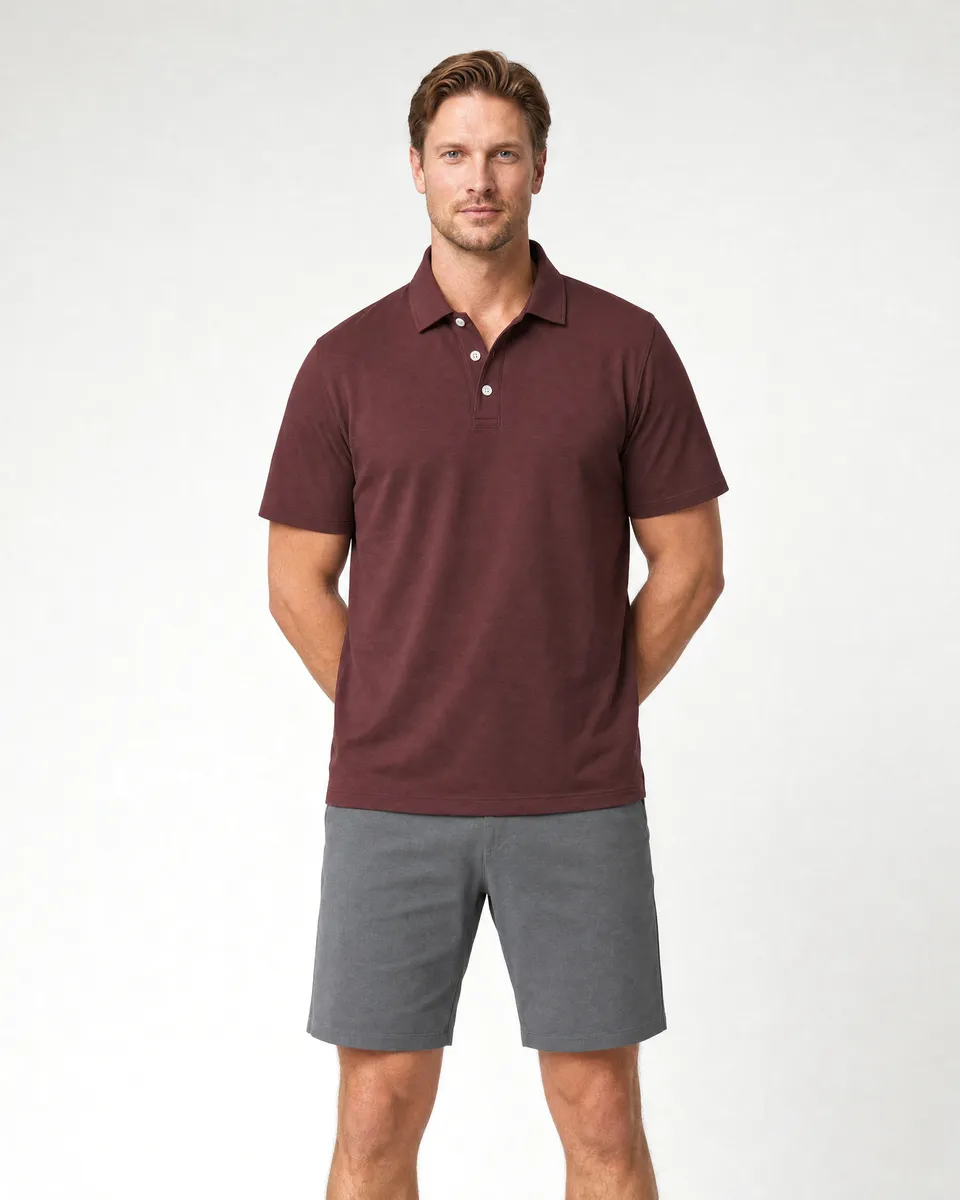 StringKing Men's Pima Jersey Classic Polo - Relaxed Fit, New Maroon, Full Front - Human Model - Top of head to Knees