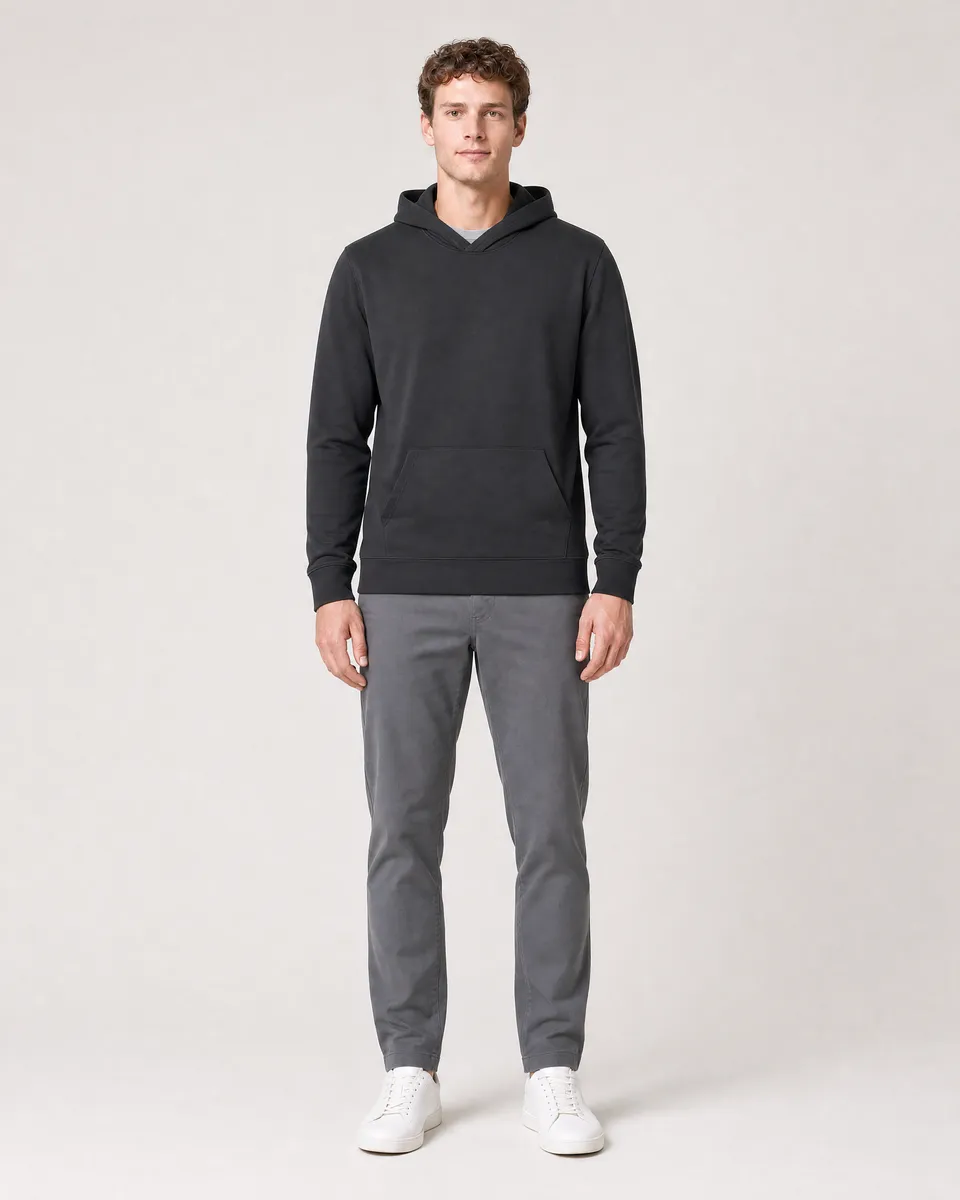 StringKing Men's Pima Terry Hoodie - Sharp Fit, Black, Full Front - Human Model - Top of head to Knees