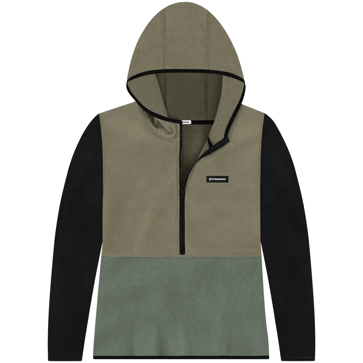 StringKing Women's Polartec Half Zip Hoodie - Relaxed Fit, Mermaid Top, Avenue Green Bottom, Meteorite Sleeves, Black Trim, Front