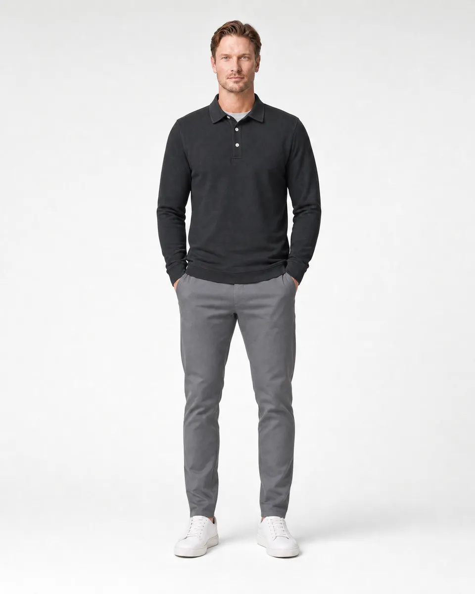 StringKing Men's Pima Terry Long Sleeve Polo - Sharp Fit, Black, Full Front - Human Model