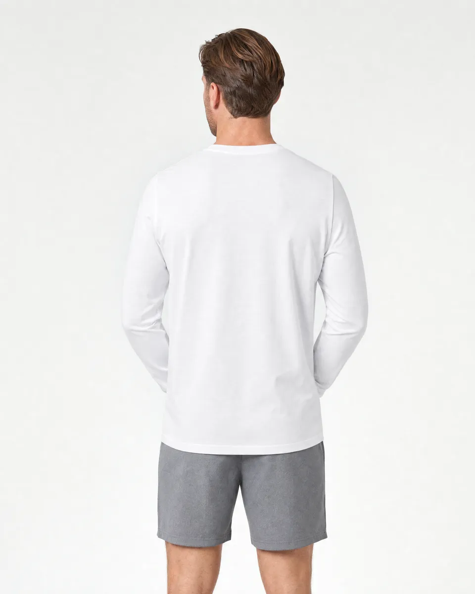 StringKing Men's Pima Jersey Long Sleeve Tee - Relaxed Fit, White, Full Back - Human Model - Top of head to Mid-thigh