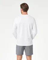 StringKing Men's Pima Jersey Long Sleeve Tee - Relaxed Fit, White, Full Back - Human Model - Top of head to Mid-thigh
