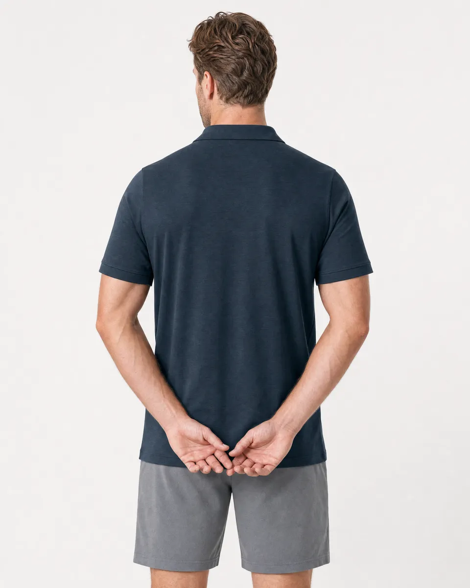 StringKing Men's Pima Terry Polo - Relaxed Fit, Navy, Full Back - Human Model - Top of head to Mid-thigh