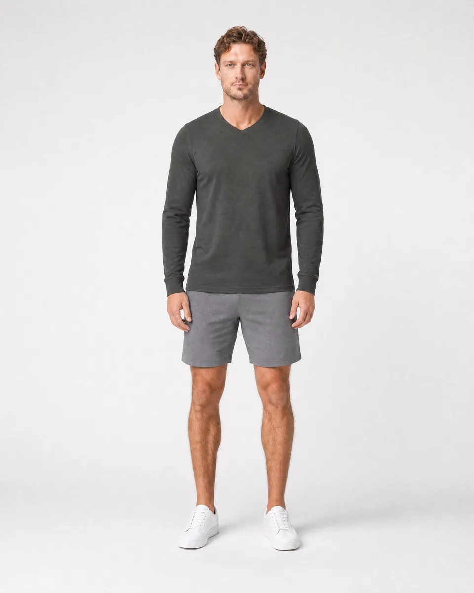 StringKing Men's Pima Terry Long Sleeve V-Neck Tee - Sharp Fit, Peat, Full Front - Human Model