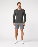 StringKing Men's Pima Terry Long Sleeve V-Neck Tee - Sharp Fit, Peat, Full Front - Human Model