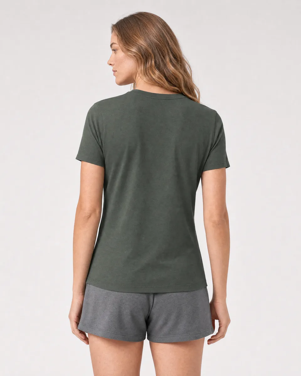 StringKing Women's Pima Terry Tee - Sharp Fit, Moss, Full Back - Human Model - Top of head to Mid-thigh