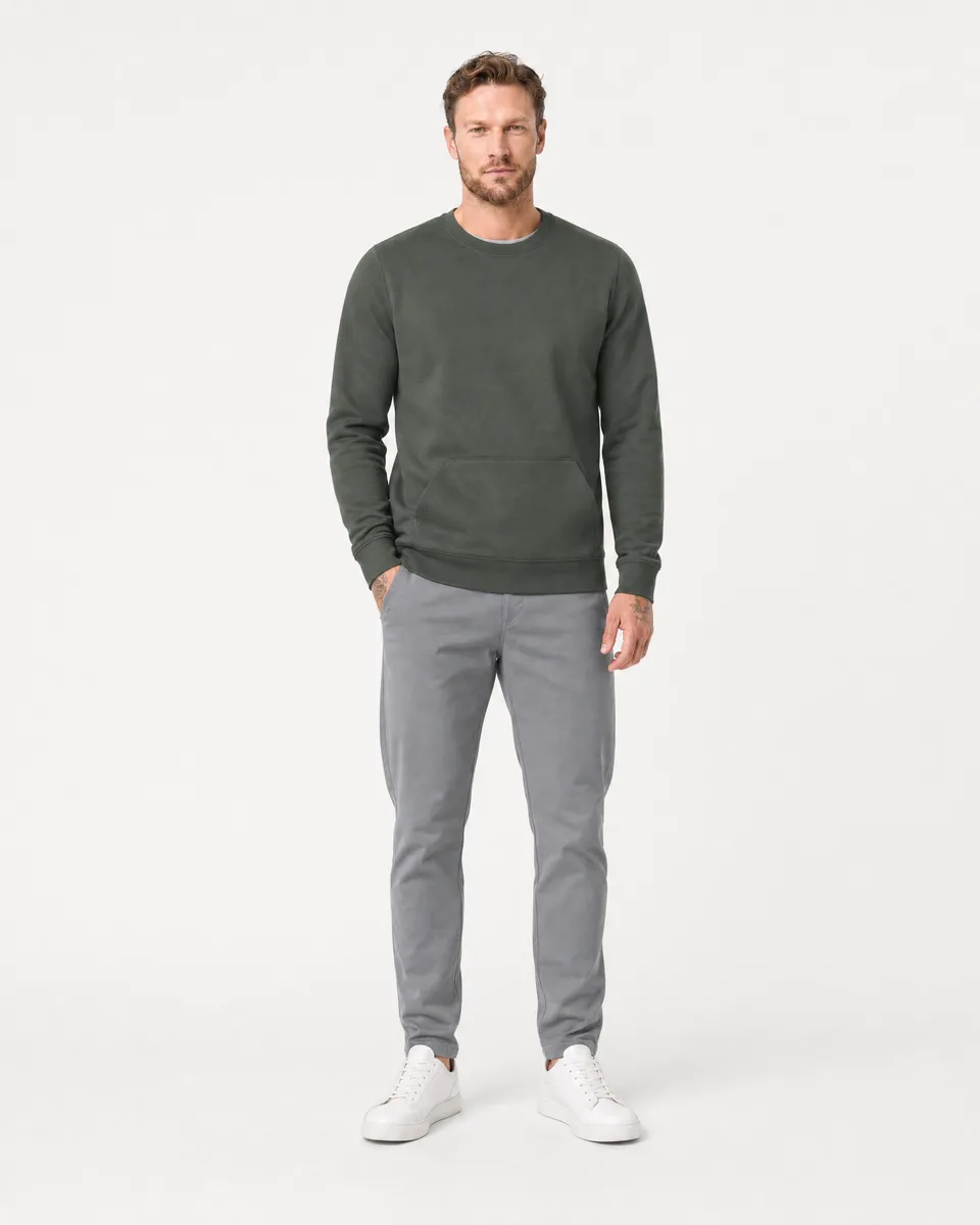 StringKing Men's Pima Terry Crew Sweatshirt - Sharp Fit, Moss, Full Front - Human Model