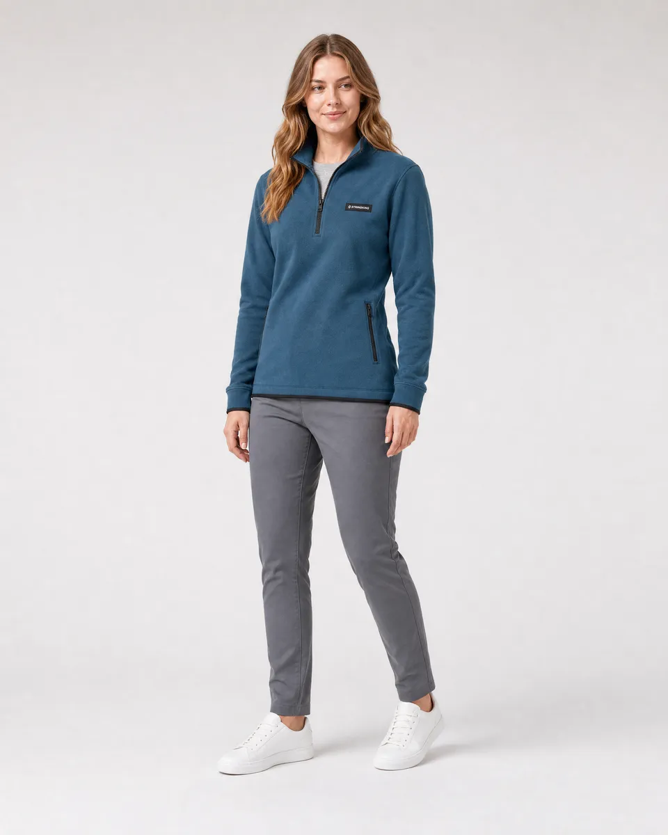 StringKing Women's Polartec Fleece Quarter Zip with Pockets - Sharp Fit, Indian Teal, Full Front Angle - Human Model
