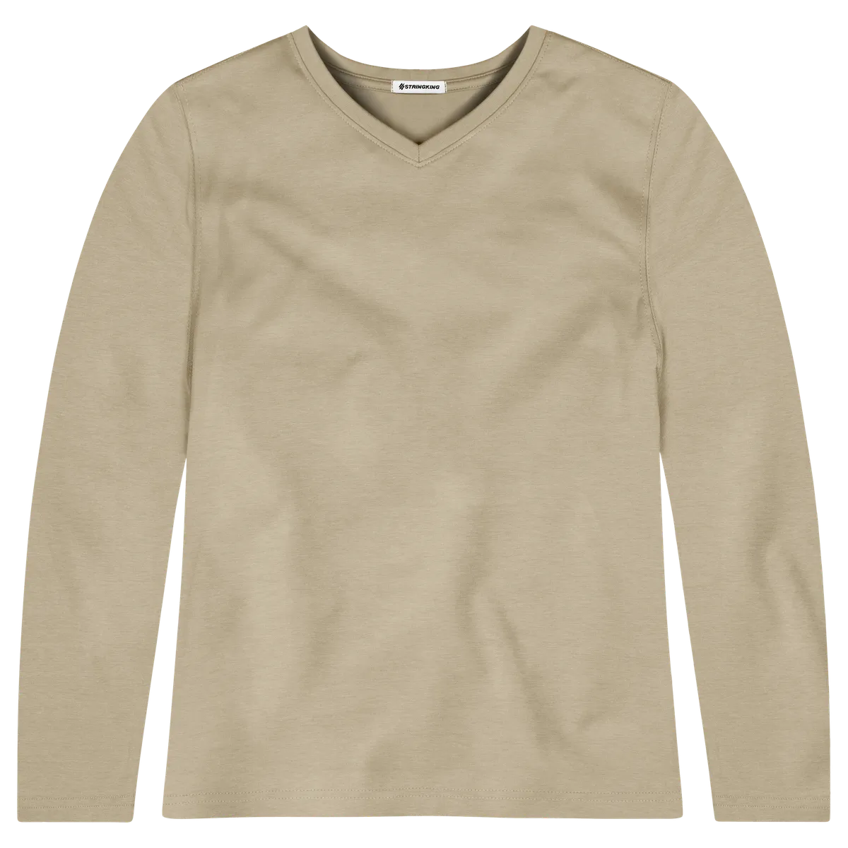 StringKing Women's Pima Cotton Long Sleeve V-Neck T-Shirt - Sharp Fit, Warm Khaki, Front