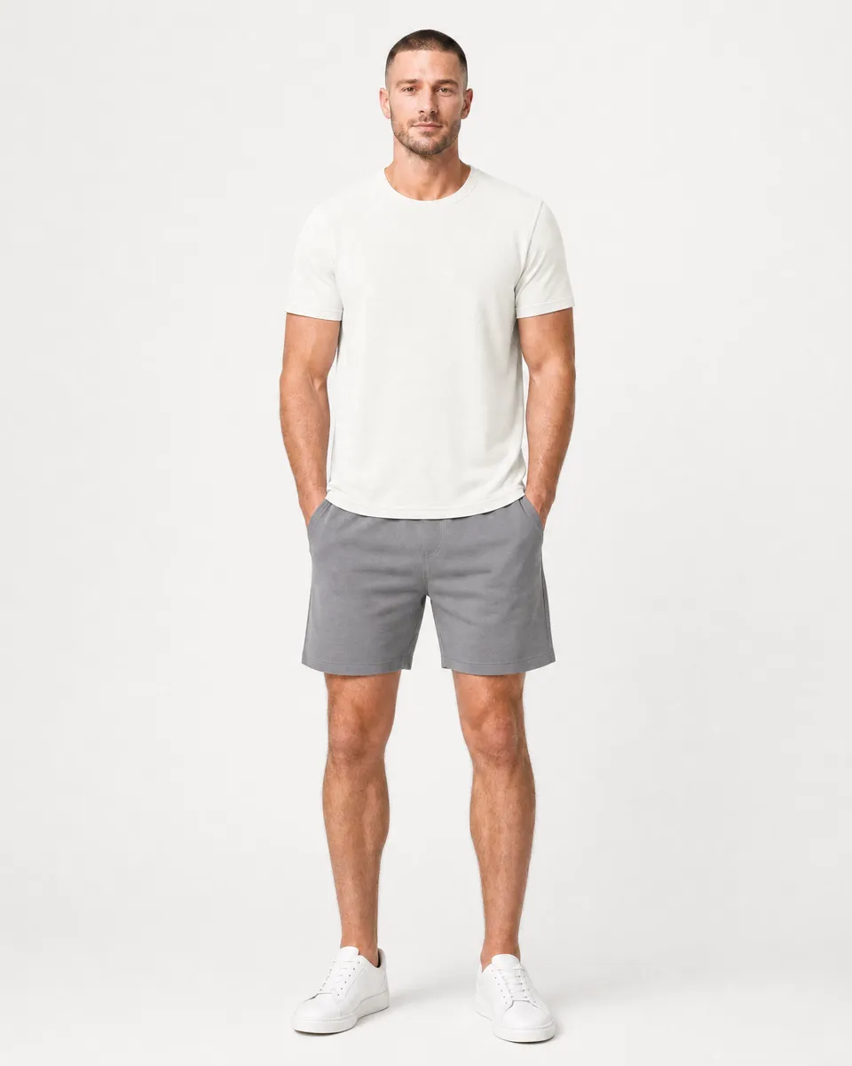 StringKing Men's Pima Terry Tee - Relaxed Fit, Tofu, Full Front - Human Model - Top of head to Knees