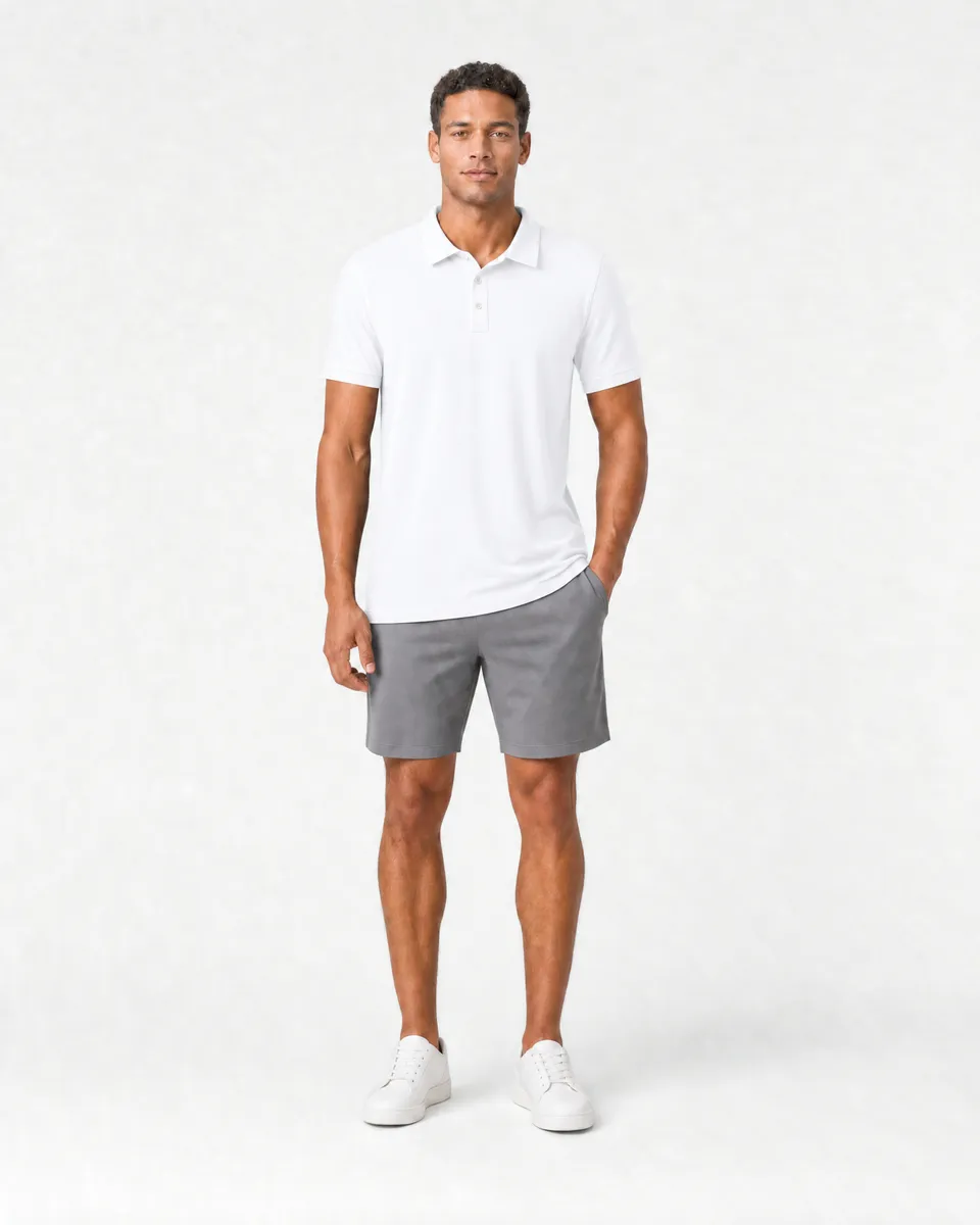 StringKing Men's Pima Terry Polo - Relaxed Fit, White, Full Front - Human Model - Top of head to Knees