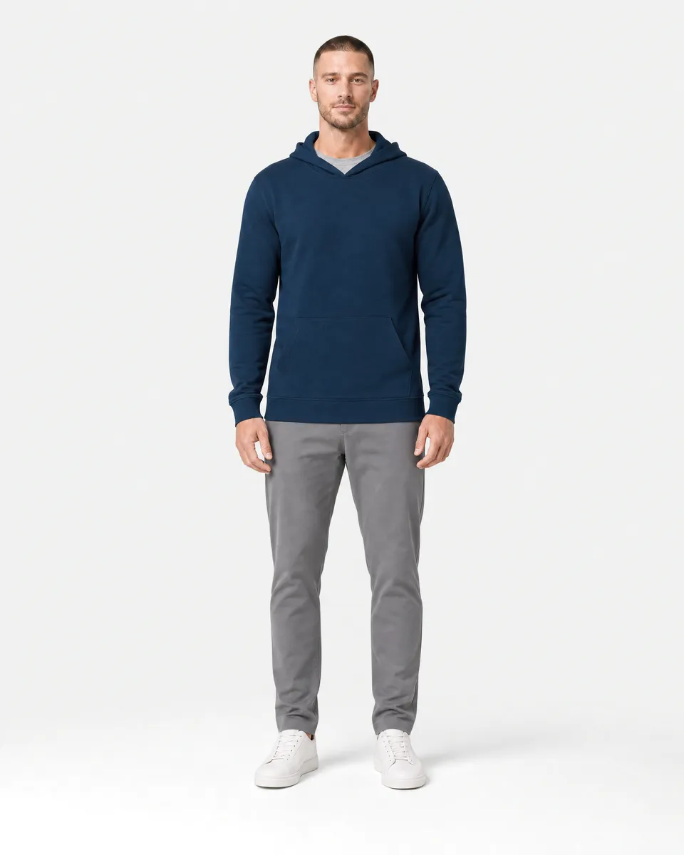 StringKing Men's StayWarm Hoodie - Sharp Fit, Navy Blue, Full Front - Human Model