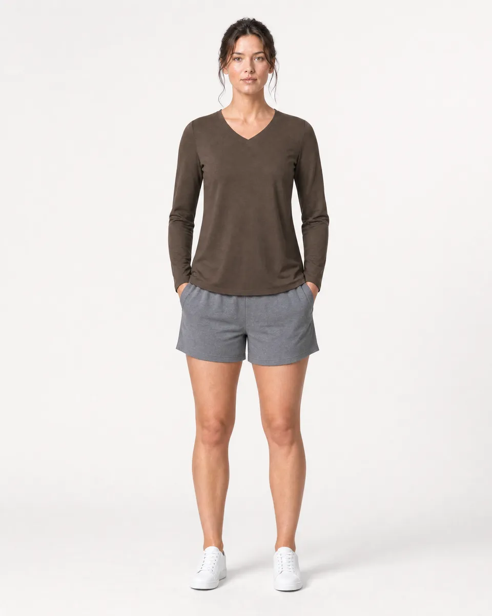 StringKing Women's Pima Jersey Long Sleeve V-Neck Tee - Relaxed Fit, Wren, Full Front - Human Model - Top of head to Knees