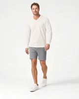 StringKing Men's Pima Jersey Long Sleeve V-Neck Tee - Sharp Fit, Tofu, Full Front Angle - Human Model