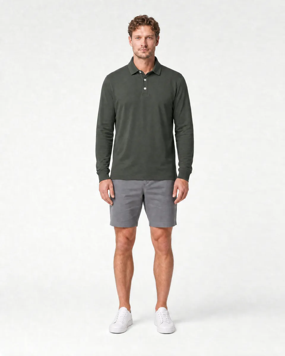 StringKing Men's Pima Jersey Long Sleeve Polo - Sharp Fit, Moss, Full Front - Human Model