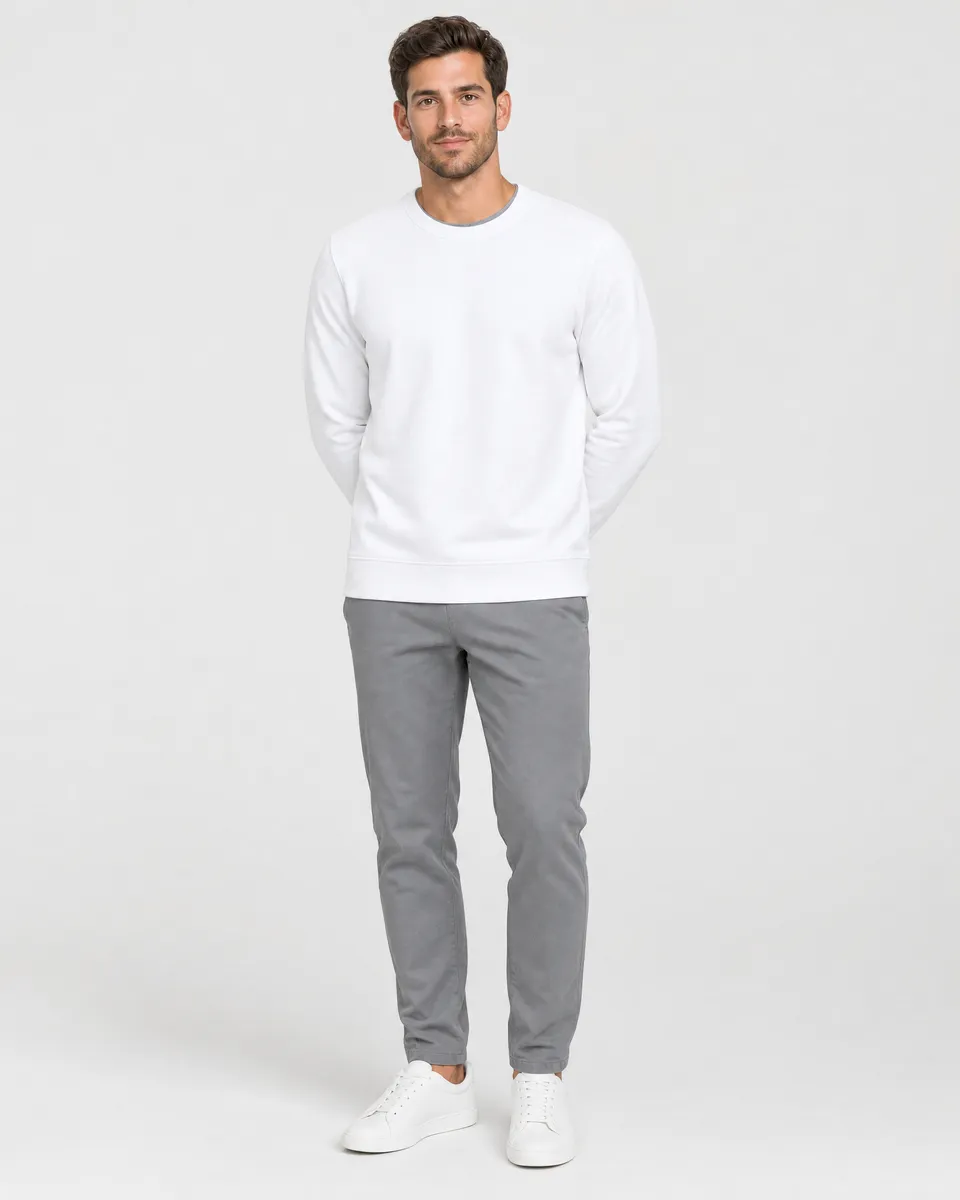 StringKing Men's Pima Terry Crew Sweater - Sharp Fit, White, Full Front - Human Model - Top of head to Knees