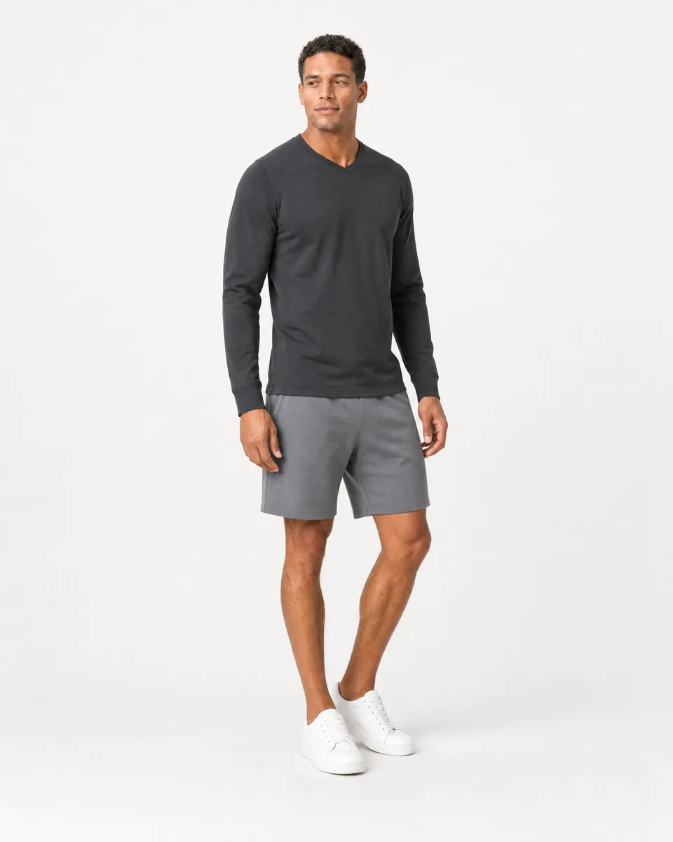 StringKing Men's Pima Terry Long Sleeve V-Neck Tee - Sharp Fit, Black, Full Front Angle - Human Model