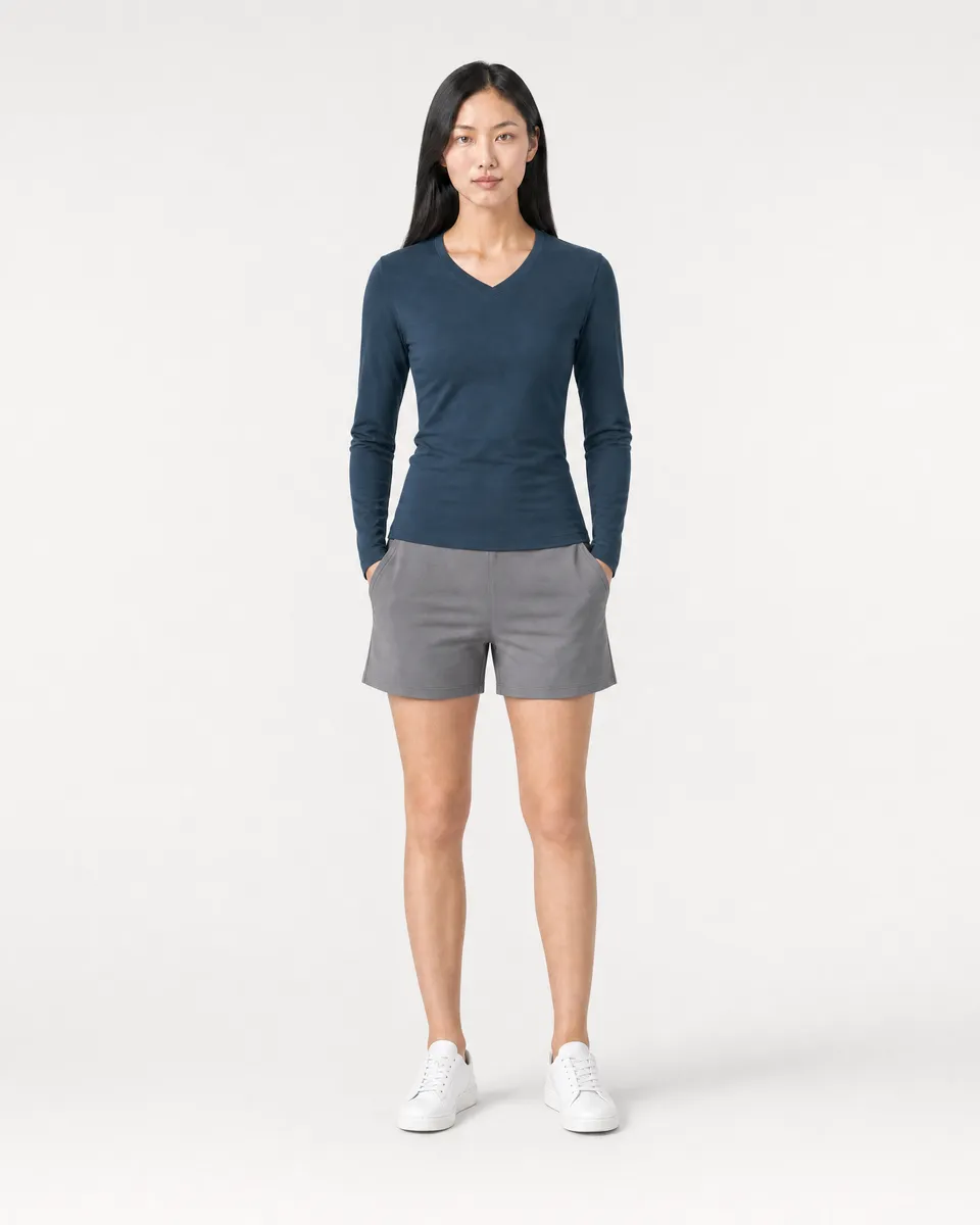 StringKing Women's Pima Jersey Long Sleeve V-Neck Tee - Sharp Fit, Navy, Full Front - Human Model