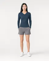StringKing Women's Pima Jersey Long Sleeve V-Neck Tee - Sharp Fit, Navy, Full Front - Human Model