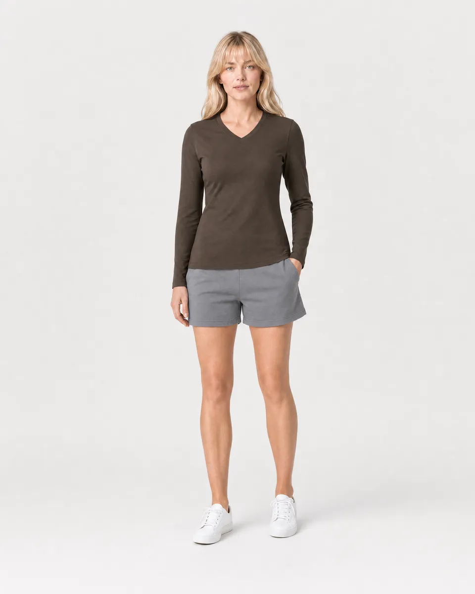StringKing Women's Pima Jersey Long Sleeve V-Neck Tee - Sharp Fit, Wren, Full Front - Human Model