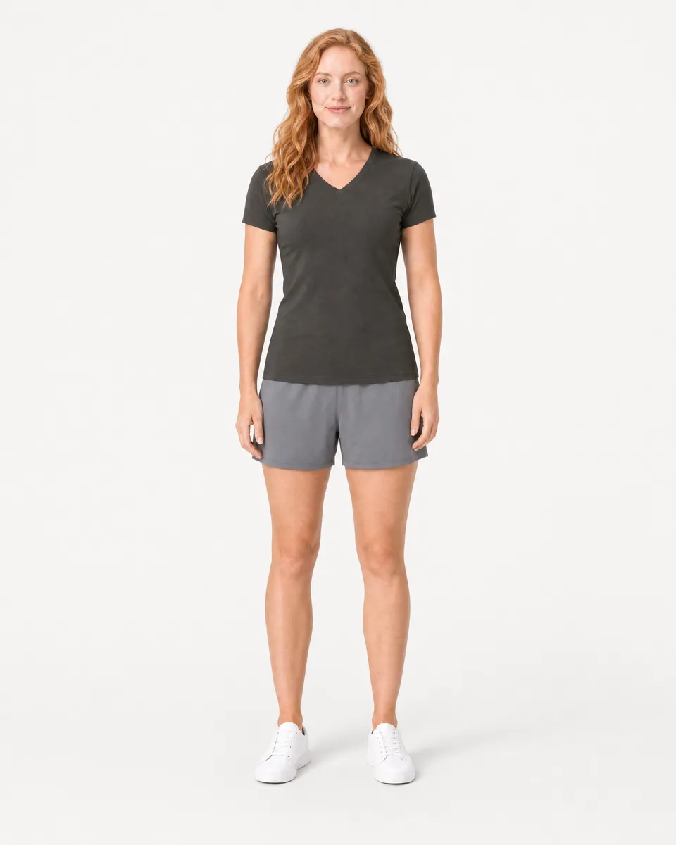 StringKing Women's Pima Jersey V-Neck Tee - Sharp Fit, Peat, Full Front - Human Model - Top of head to Knees