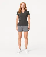 StringKing Women's Pima Jersey V-Neck Tee - Sharp Fit, Peat, Full Front - Human Model - Top of head to Knees
