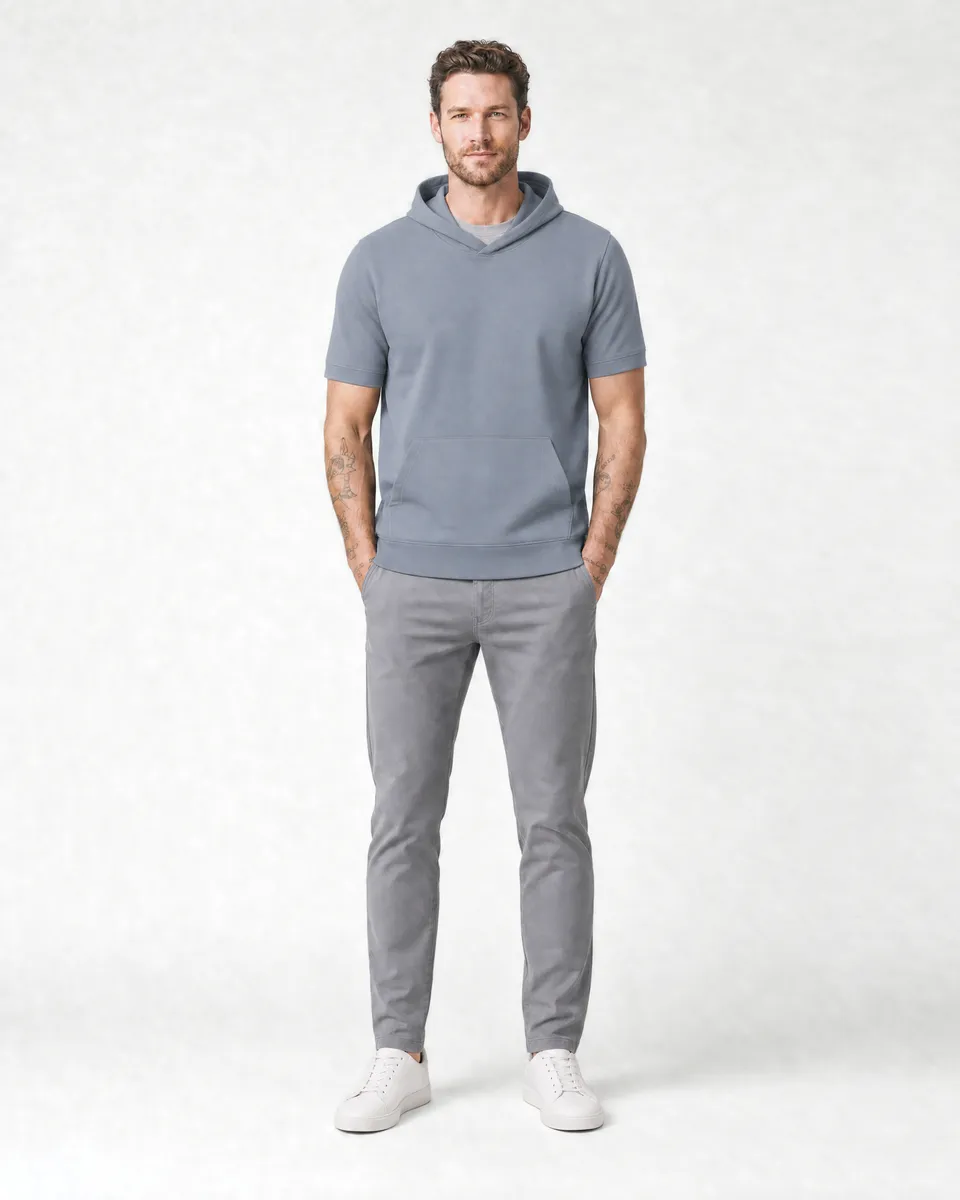 StringKing Men's Pima Terry Short Sleeve Hoodie - Sharp Fit, Tradewinds, Full Front - Human Model