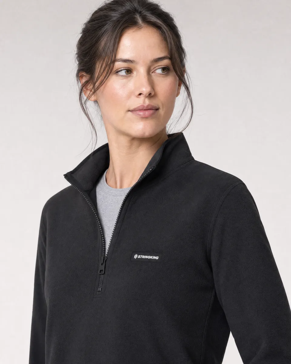 StringKing Women's Polartec Fleece Quarter Zip with Pockets - Sharp Fit, Meteorite, Collar Shoulder - Human Model