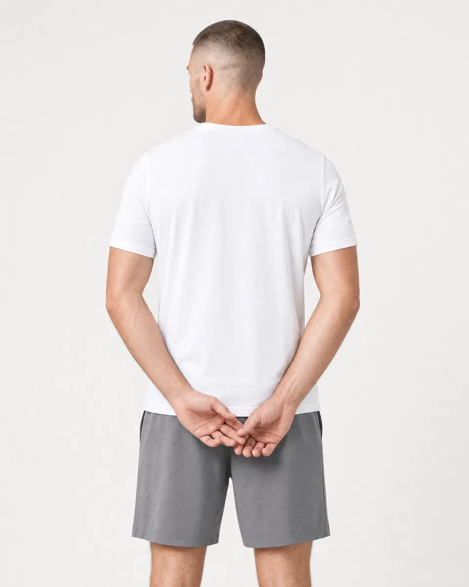 StringKing Men's StayWarm Tee - Relaxed Fit, White, Full Back - Human Model - Top of head to Mid-thigh