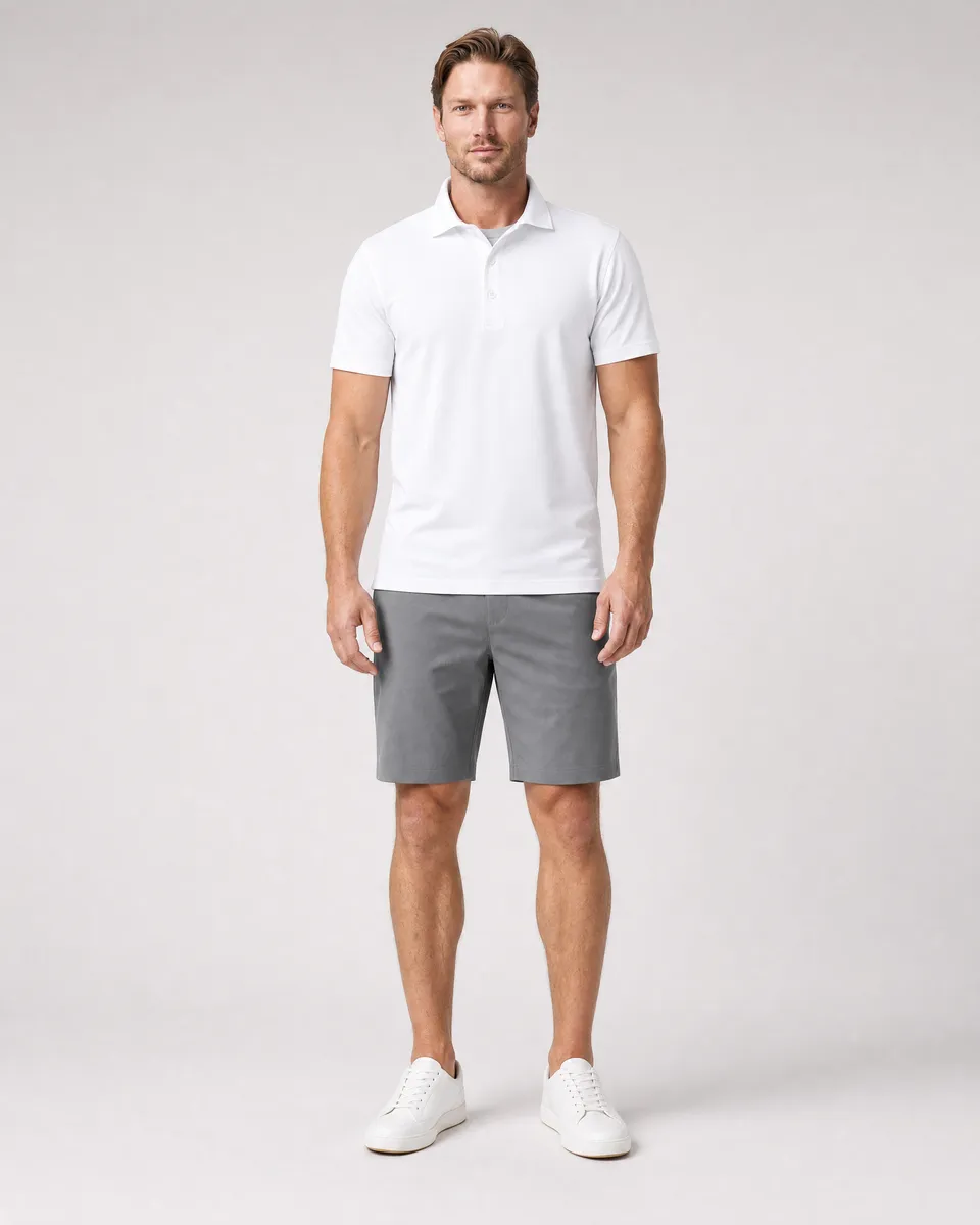 StringKing Men's StayCool Polo - Sharp Fit, White, Full Front - Human Model - Top of head to Knees