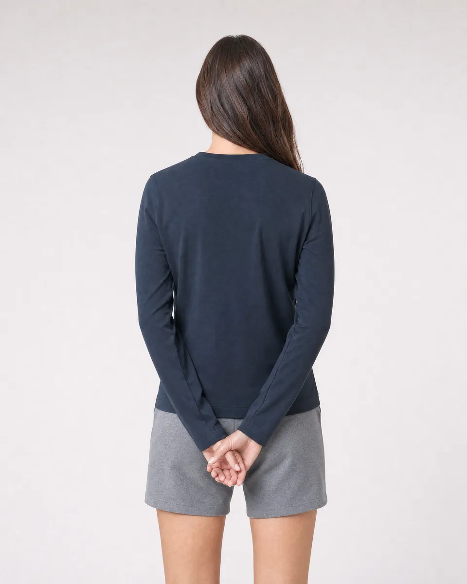 StringKing Women's Pima Terry Long Sleeve Tee - Sharp Fit, Navy, Full Back - Human Model - Top of head to Mid-thigh