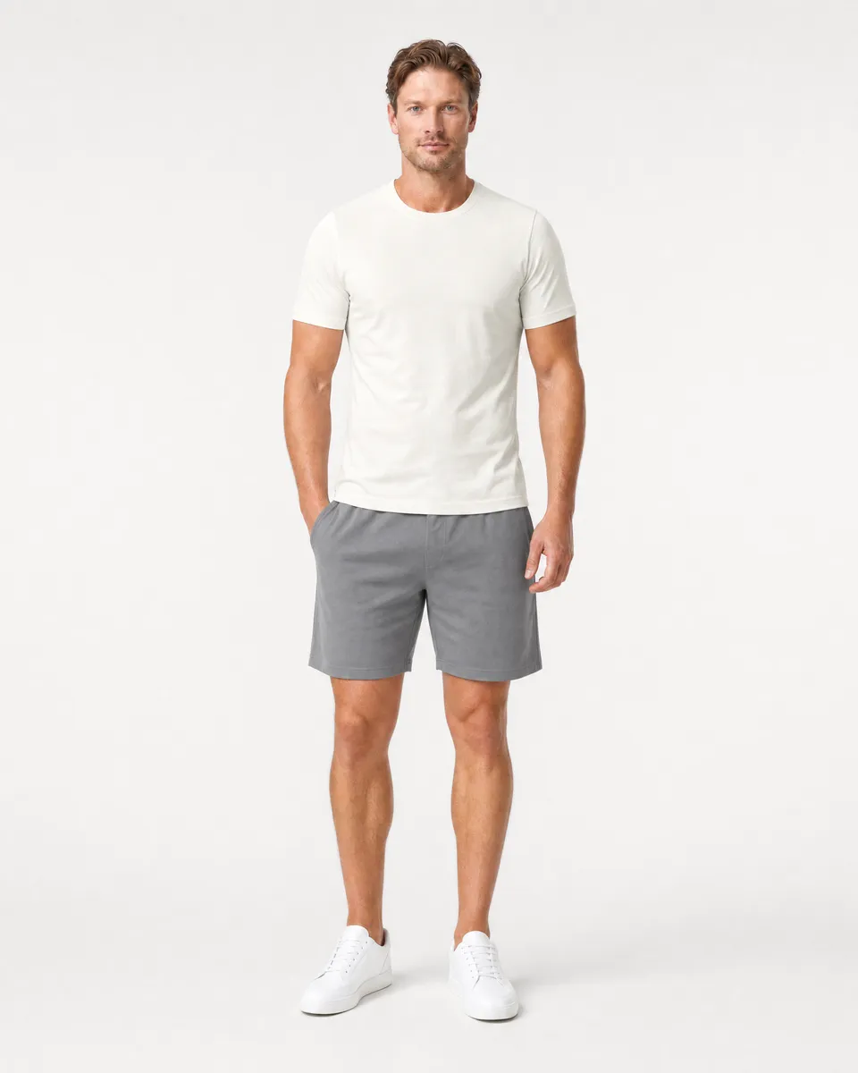 StringKing Men's Pima Jersey Tee - Sharp Fit, Tofu, Full Front - Human Model - Top of head to Knees