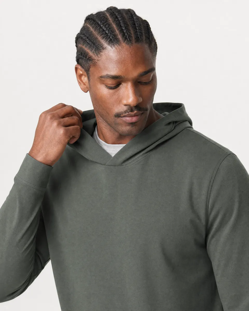 StringKing Men's Pima Jersey Hoodie - Sharp Fit, Moss, Collar Shoulder - Human Model