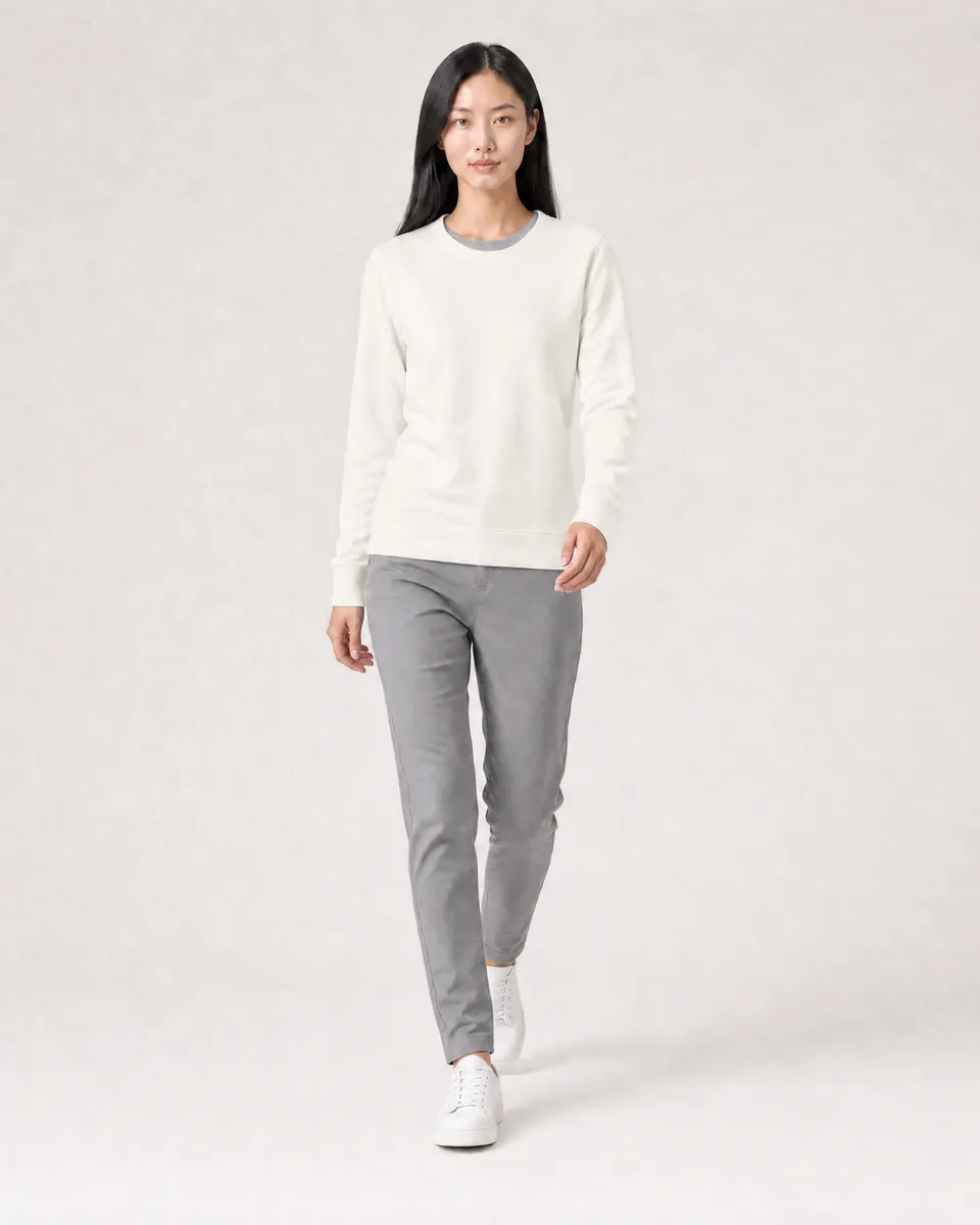 StringKing Women's Pima Terry Crew Sweater - Sharp Fit, Tofu, Full Front Angle - Human Model