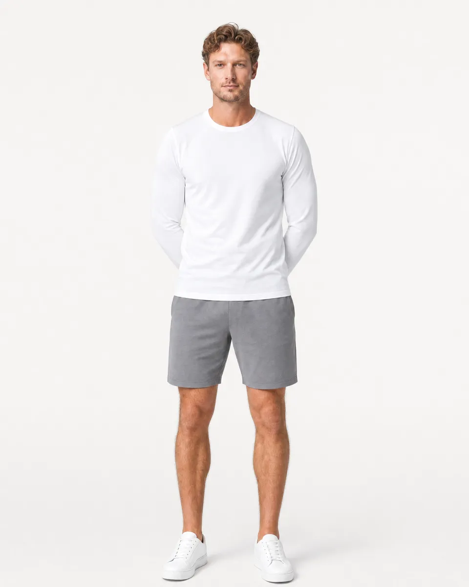StringKing Men's Pima Jersey Long Sleeve Tee - Sharp Fit, White, Full Front - Human Model - Top of head to Knees