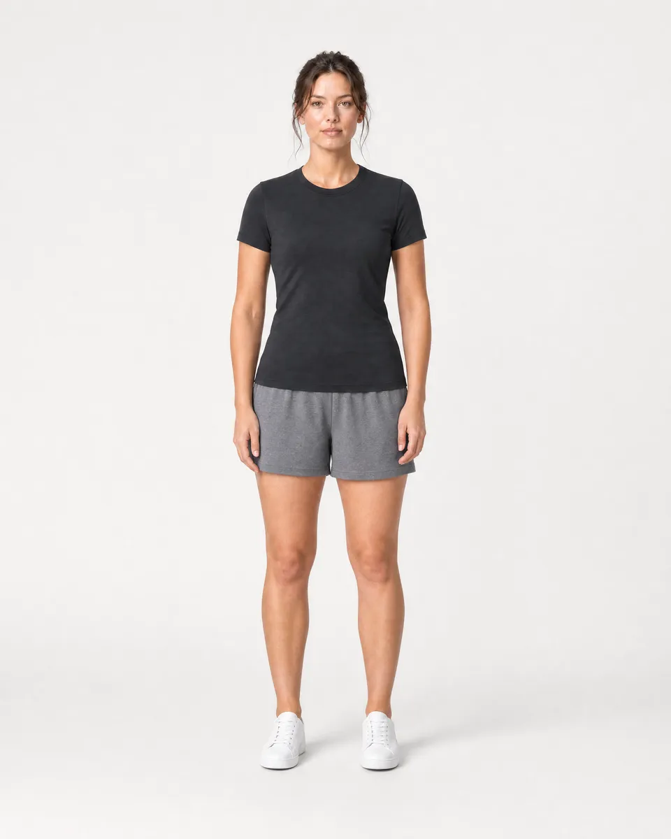 StringKing Women's Pima Jersey Tee - Sharp Fit, Black, Full Front - Human Model