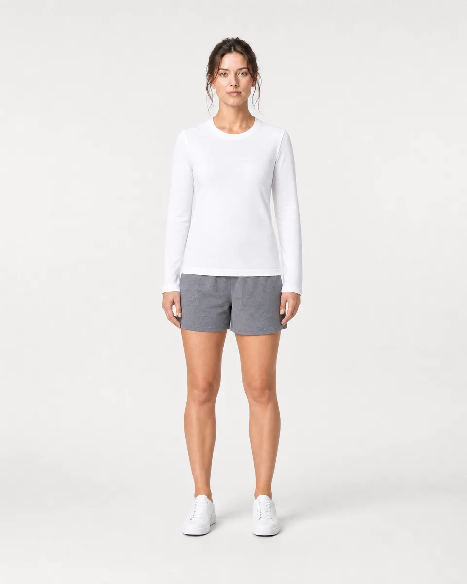 StringKing Women's Pima Jersey Long Sleeve Tee - Sharp Fit, White, Full Front - Human Model