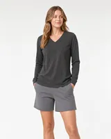 StringKing Women's Pima Terry Long Sleeve V-Neck Tee - Relaxed Fit, Peat, Full Front - Human Model - Top of head to Knees