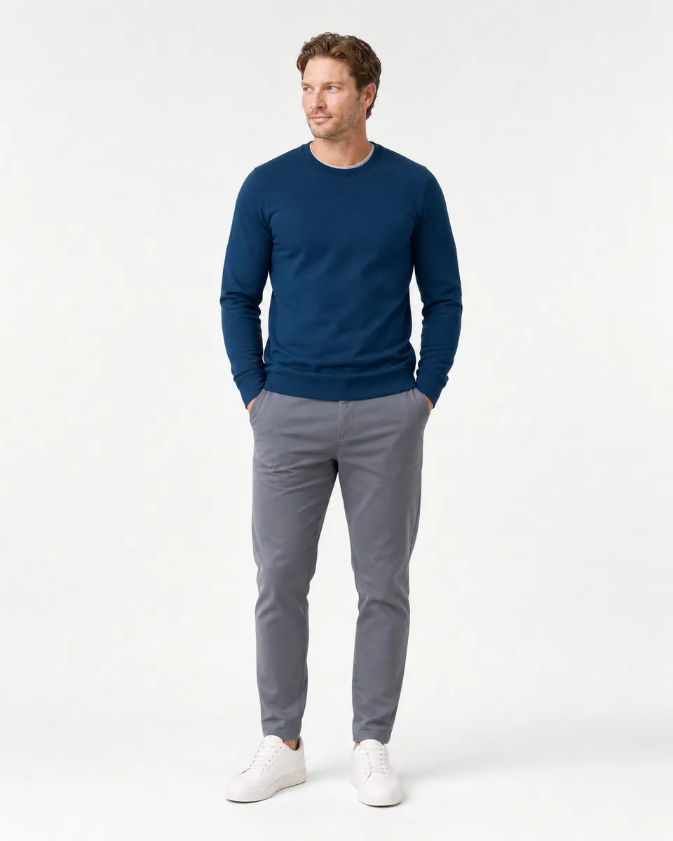 StringKing Men's StayWarm Sweater - Sharp Fit, Navy Blue, Full Front - Human Model - Top of head to Knees