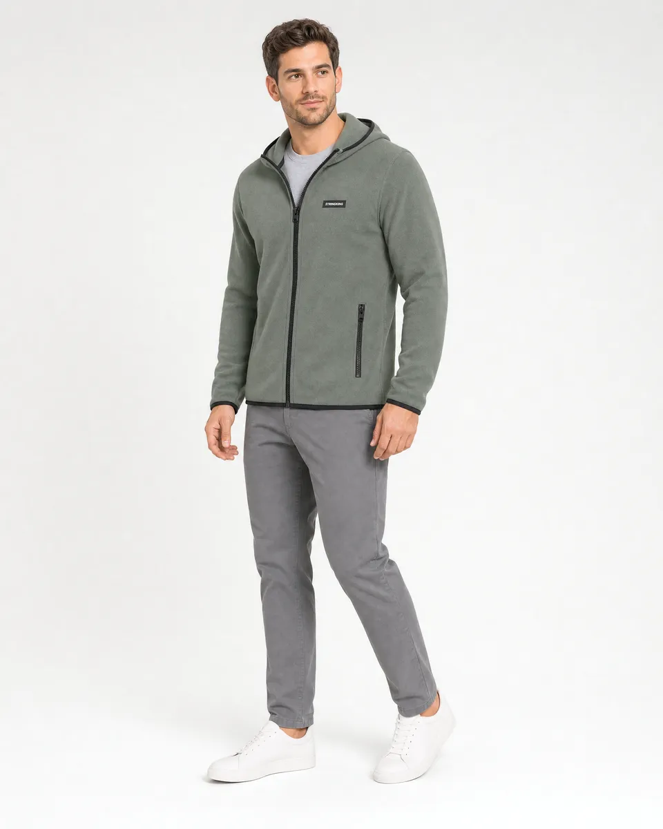 StringKing Men's Polartec Fleece Full Zip Hoodie with Pockets - Sharp Fit, Avenue Green, Full Front Angle - Human Model