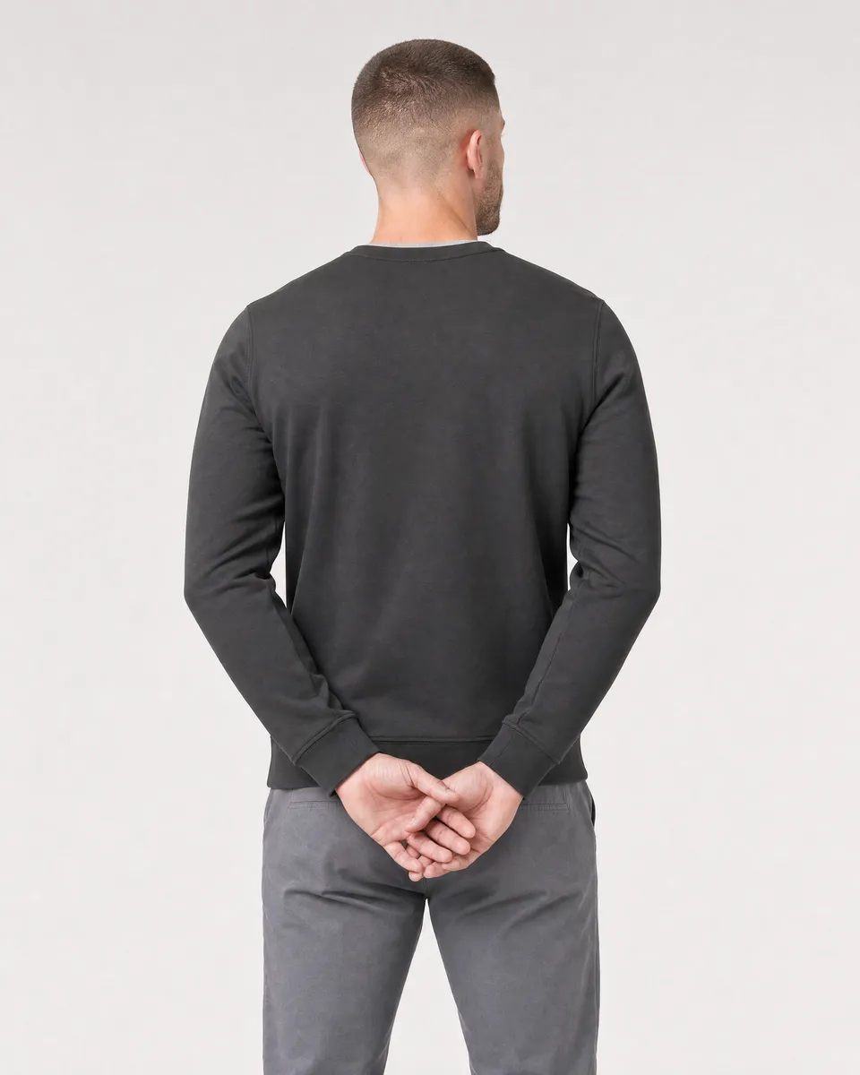 StringKing Men's Pima Terry Crew Sweater - Sharp Fit, Peat, Full Back - Human Model - Top of head to Mid-thigh